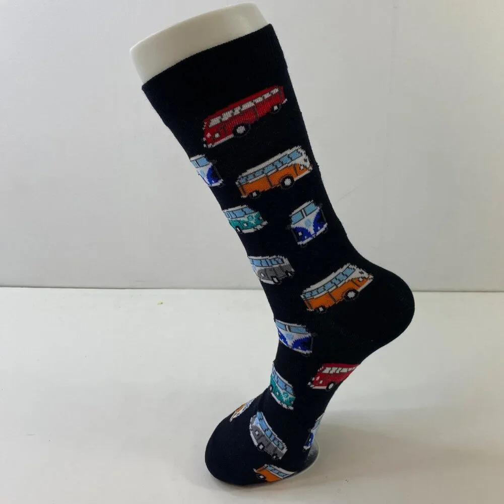 Mens Crew Socks Set 1 Retro Camper Van Print Black Blue Red Orange White